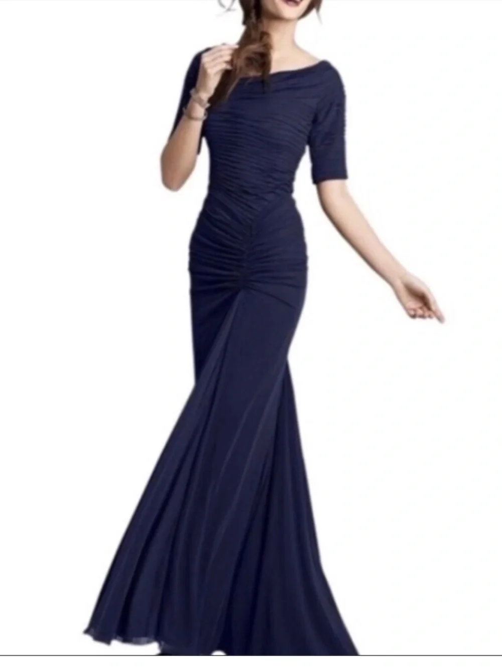 Tadashi Shoji navy blue draped mesh evening gown fitted